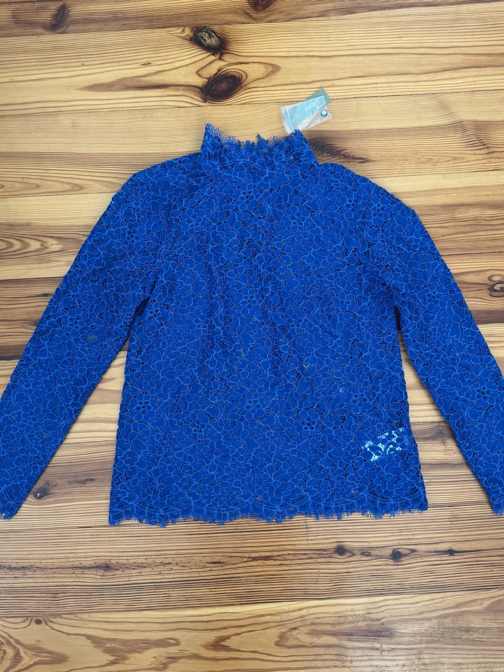 JCrew Blue Lace Long-Sleeve Mock Neck Top size 0 NEW